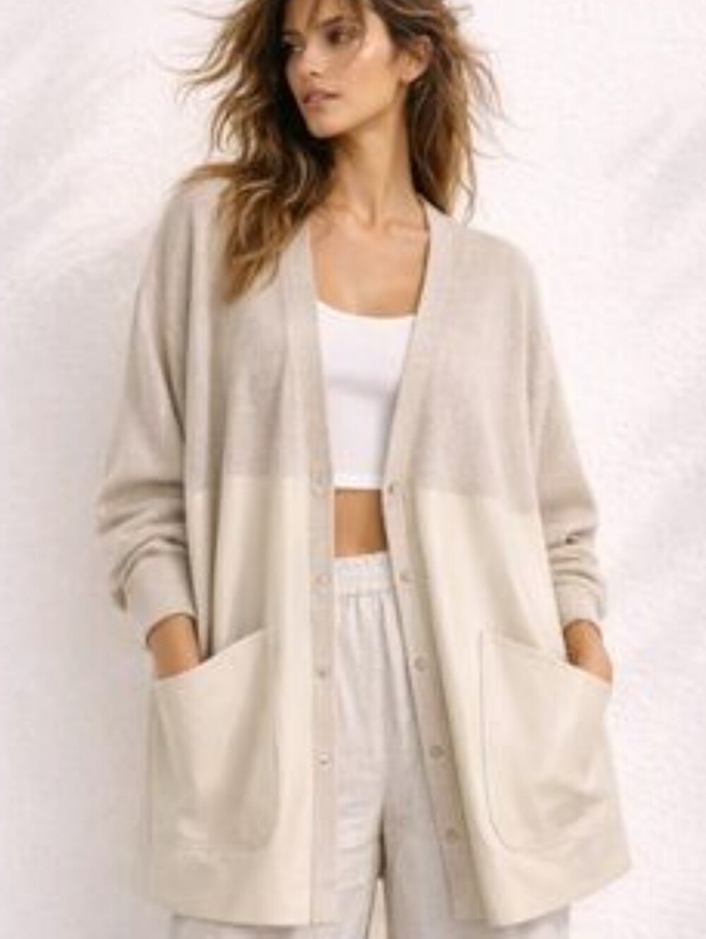 Zara Beige Two-Tone Button Cardigan Sweater